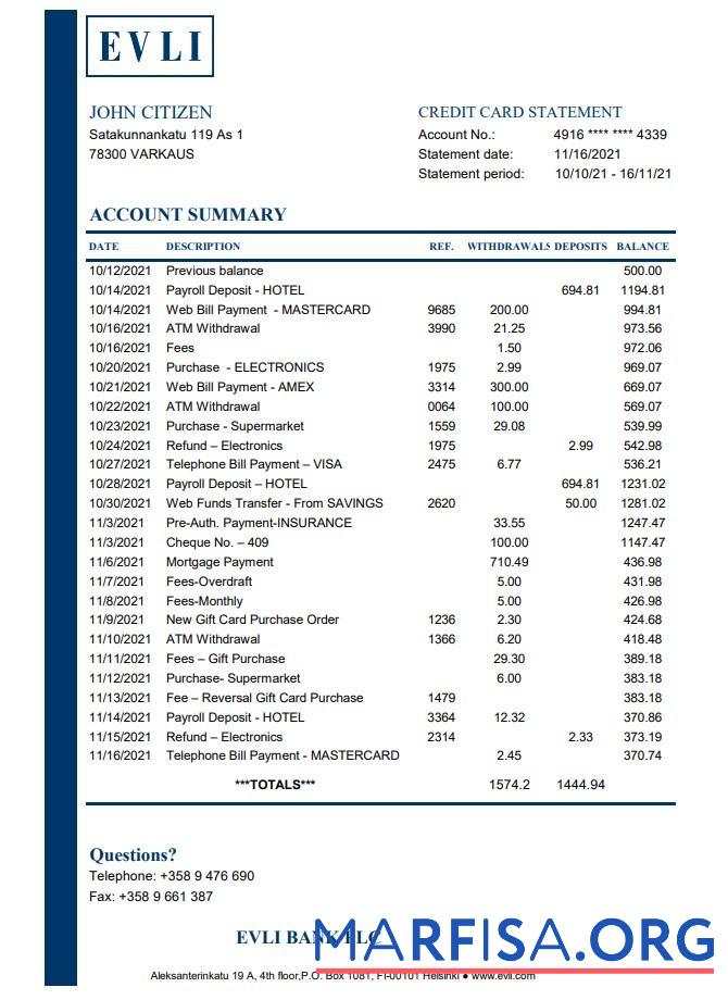 Realistic Finland Evli Bank PLC bank statement excel template